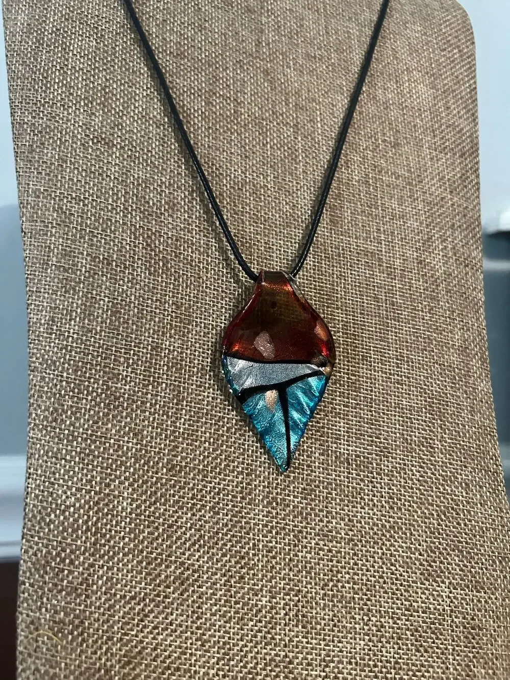 Art Glass Teardrop Pendant Necklace Blue Amber Swirl Black Cord Unisex
